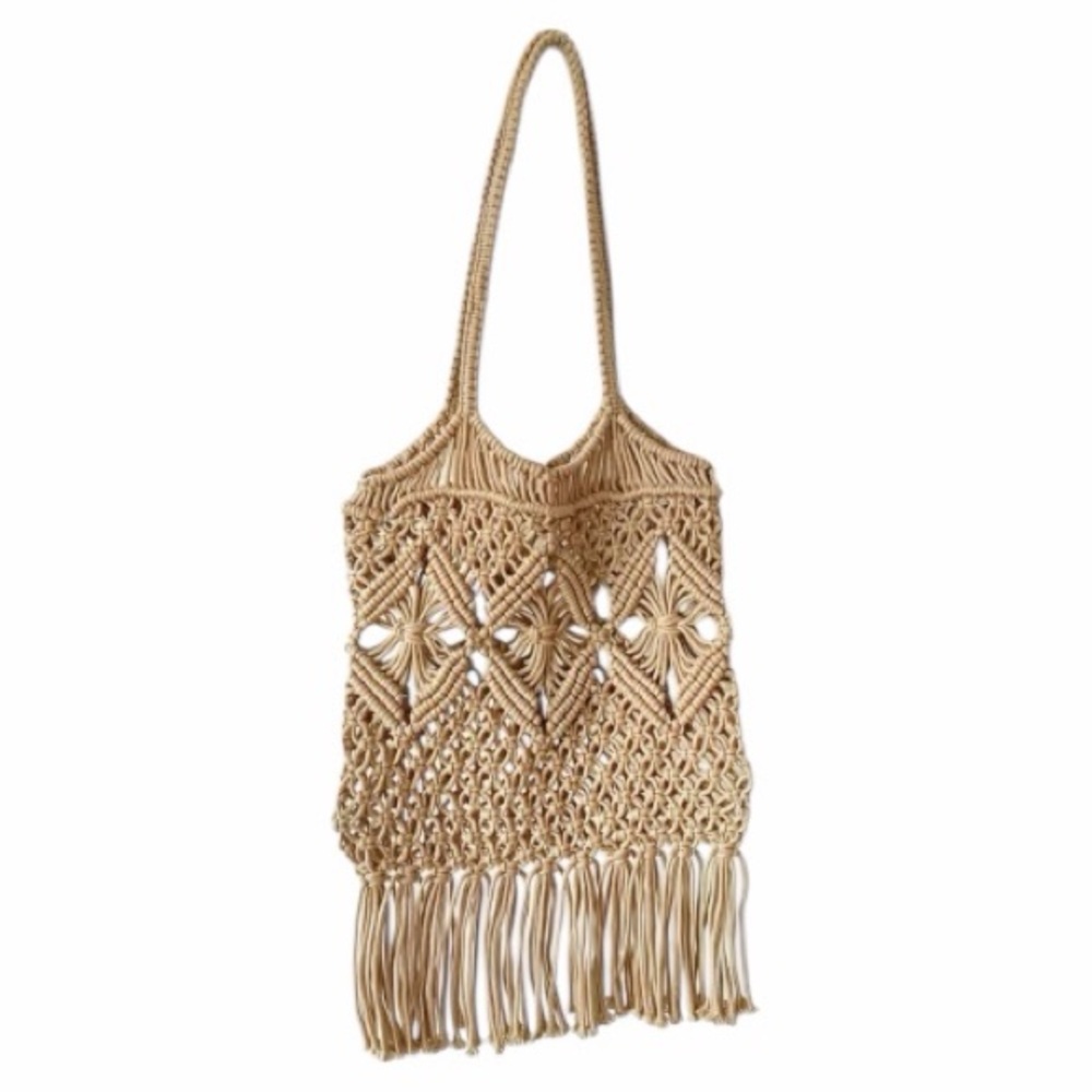 Khaki Macramé Tote Bag With Fringe NWT
